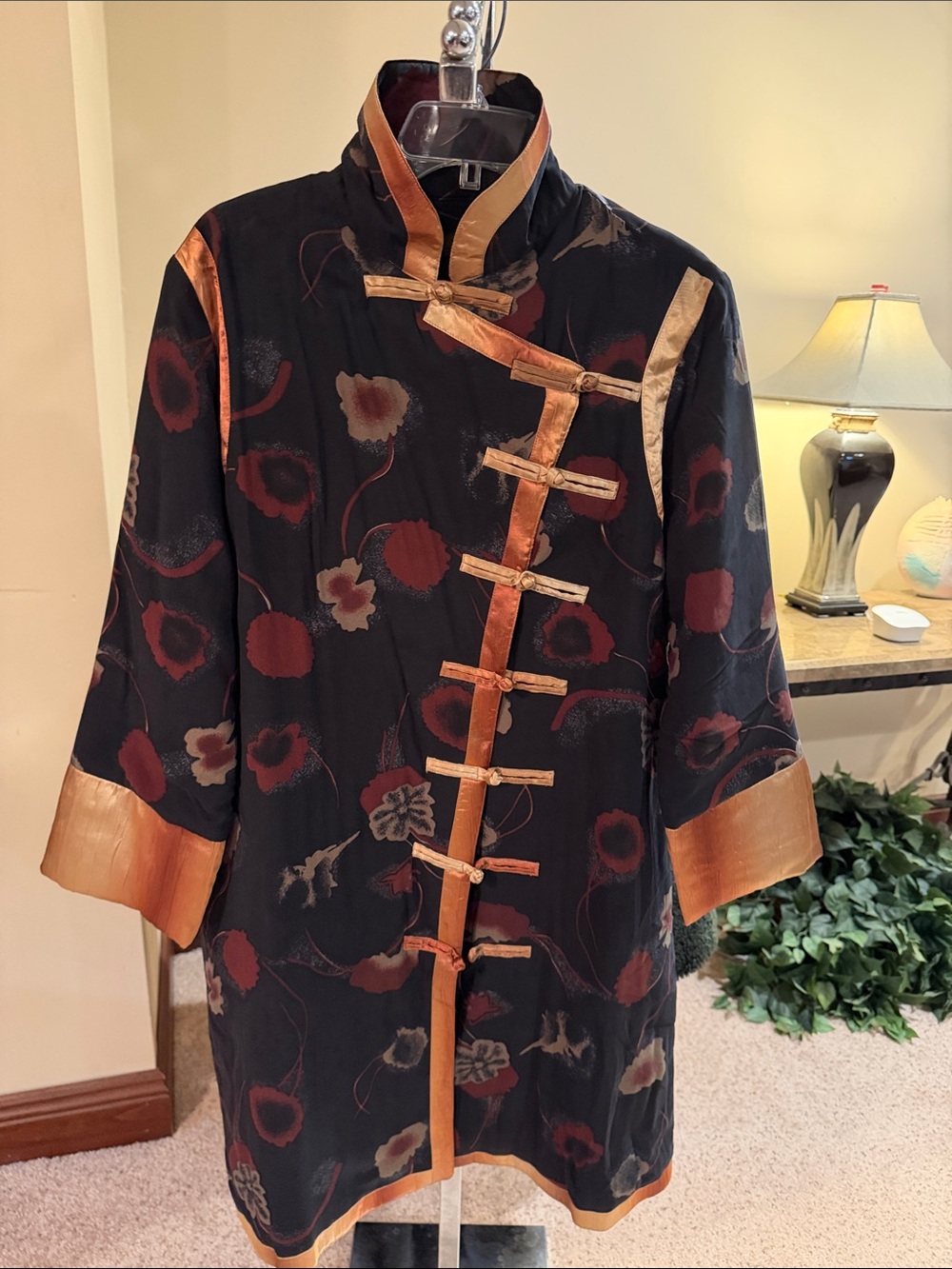 Black and Copper Silk Mandarin Collar Coat